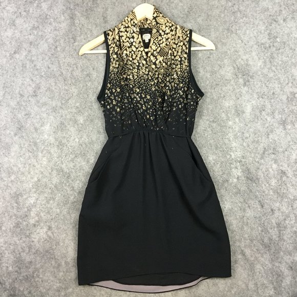 Wilfred Dress XXS Faux Wrap Black Gold Cocktail Evening Semi Formal Holiday - Picture 1 of 16